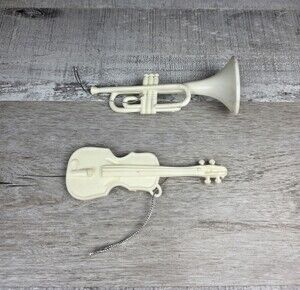 Christmas Plastic Celluloid Large Trombone Violin White Ornament MCM Vtg g71e